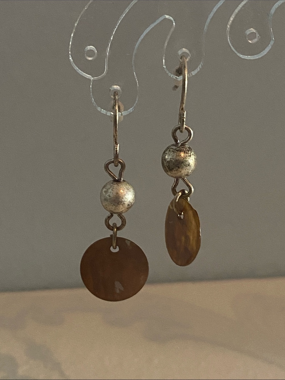 Silver Tone Bead and Brown Shell Drop Earrings